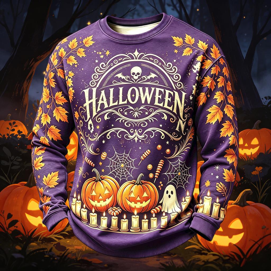 Men's Casual Round Neck Long Sleeve Top with Halloween Print
