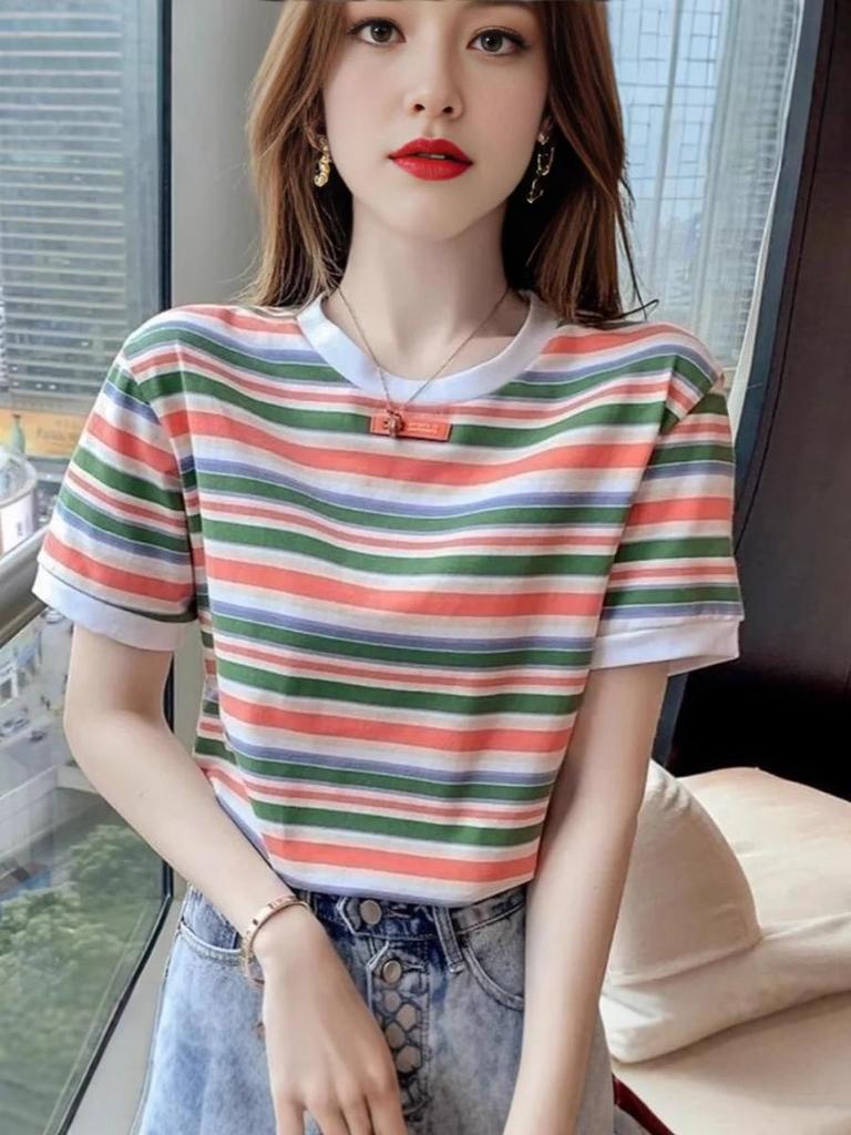 Style Vintage Feeling! Rainbow Color Block Striped T-Shirt Loose Short Sleeve Top for Women Trendy