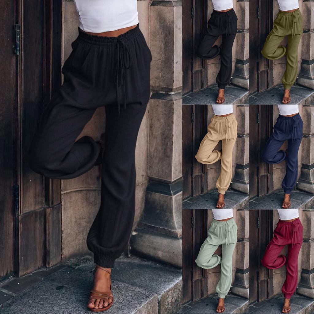 Women's Solid Color Comfortable Casual Pants Fashion Drawstring Elastic Waist Loose Belt Front And Back Pockets Pants