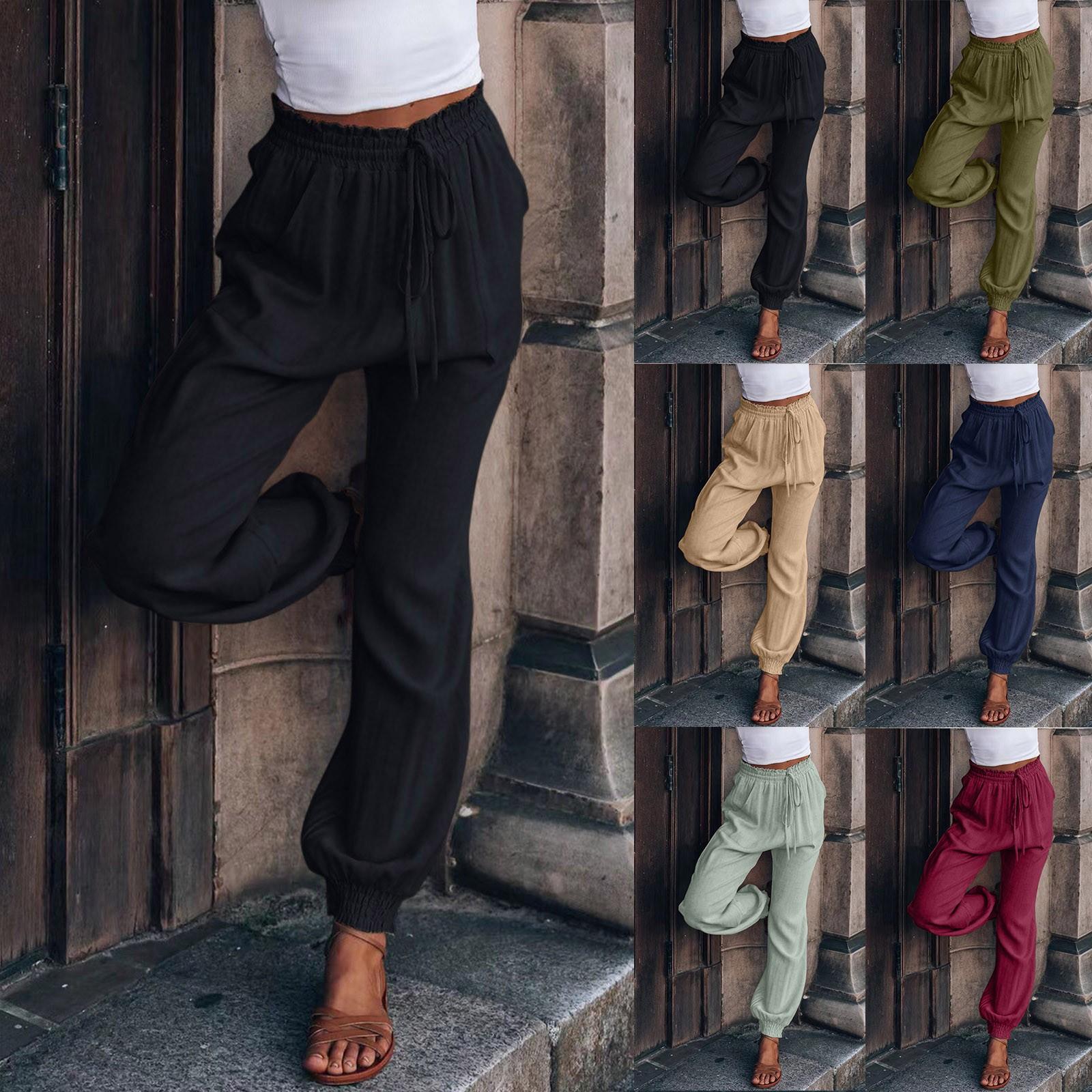 

Women s Solid Color Comfortable Casual Pants Fashion Drawstring Elastic Waist Loose Belt Front And Back Pockets Pants XL винний