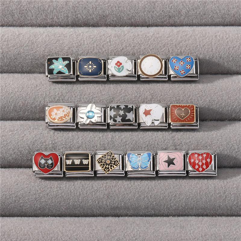 Fashion Clock Fish Flower Butterfly Heart Teeth Star High Quality Charm Links Fit 9MM Stainless Steel Bracelet DIY Making Gifts