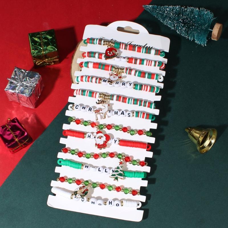 Festive Adjustable Rope Bracelet Set With Santa Claus Snowman Charm 12PCS Zinc Alloy Holiday Gift For Women
