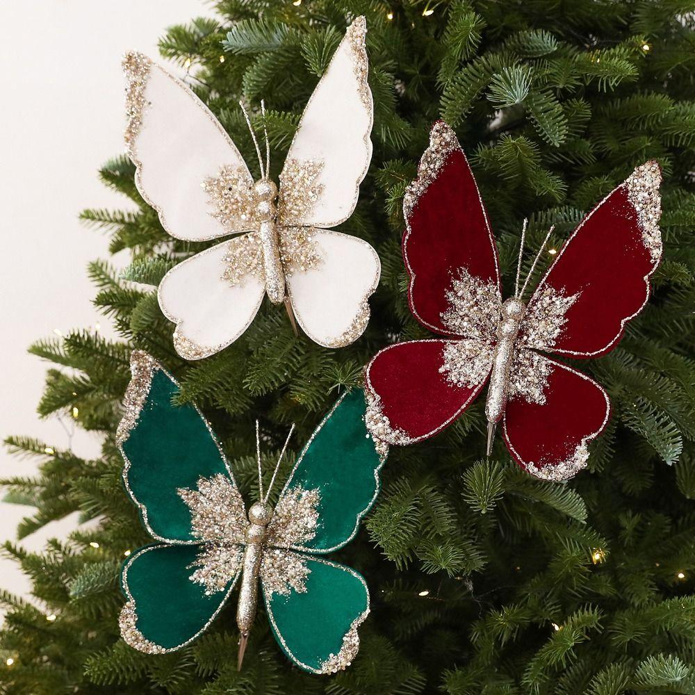 Multicolor Butterfly Ornament Flocked Fabric Flocked Butterfly Decor  For Xmas Holiday