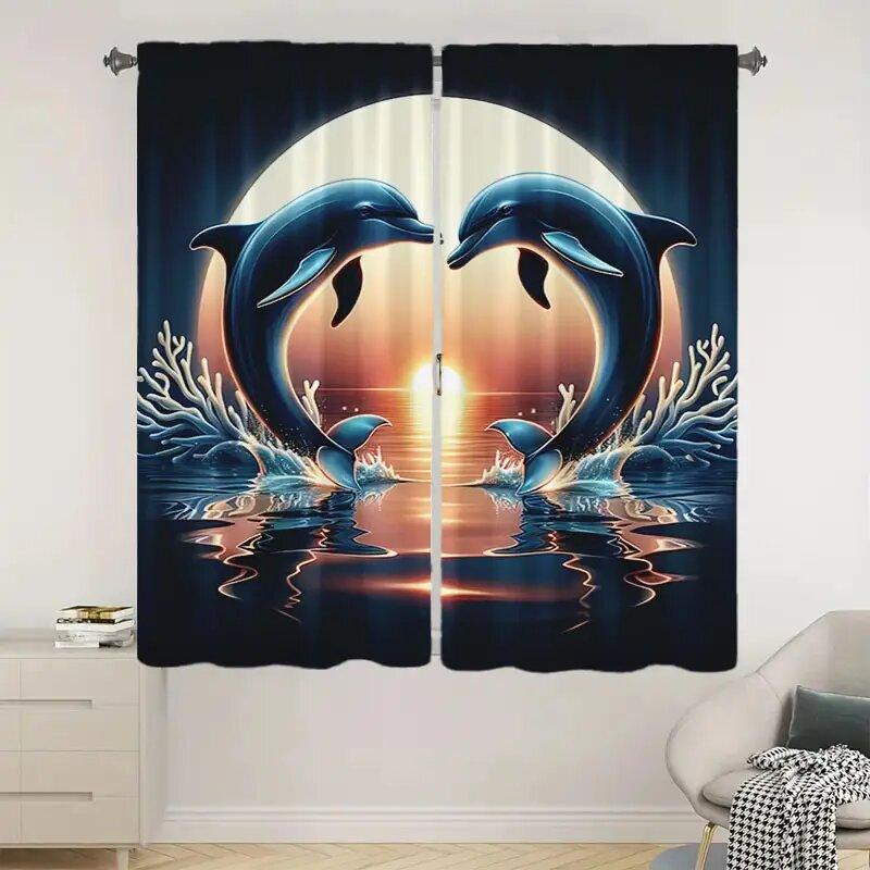 Set Of 2 Dolphin Jump Print Pole Bag Curtains Bedroom Kitchen Decoration Home Living Room Curtain For Great Made Polyester