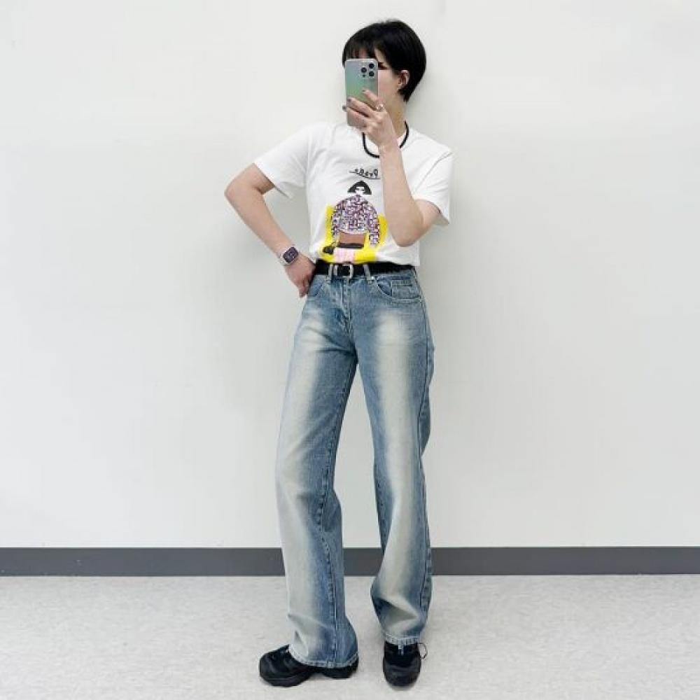 Mizqz No Cut 2  Mid Length Vintage Wash Long Wide Denim Pants Big Size