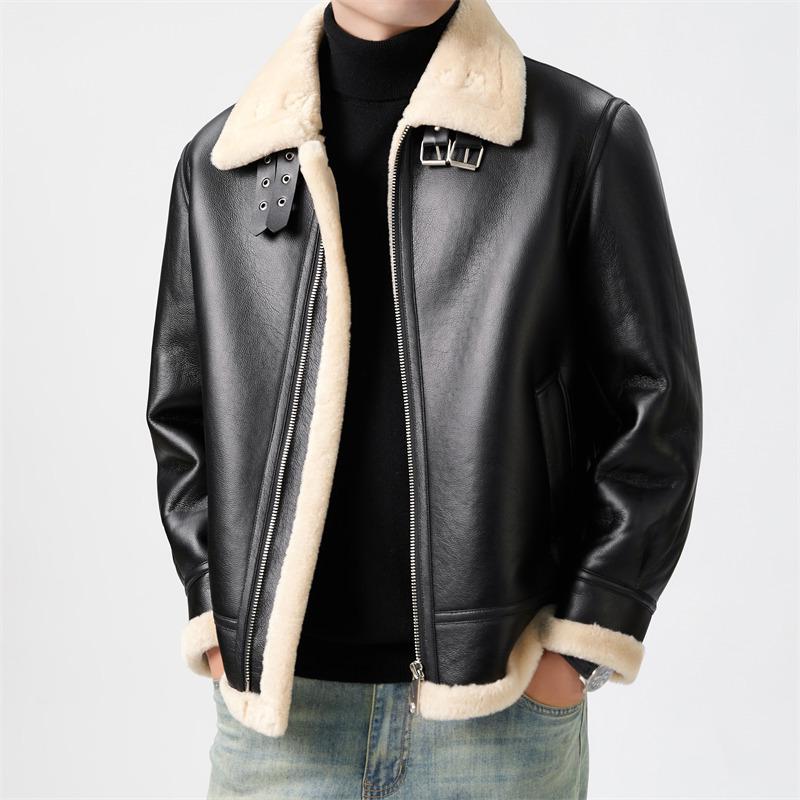 Men's Trendy Shearling & PU Leather Motorcycle Jacket - Autumn/Winter Short Lambswool Outerwear