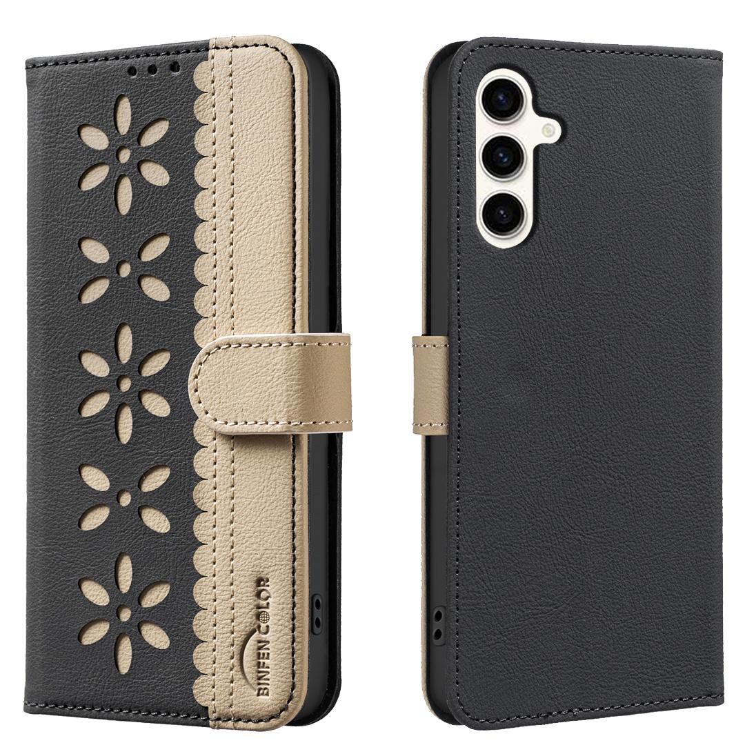

For Samsung Galaxy A55 5G Leather Case BINFEN COLOR BF36 Floral Pattern Phone Cover RFID Blocking Wallet Stand Black