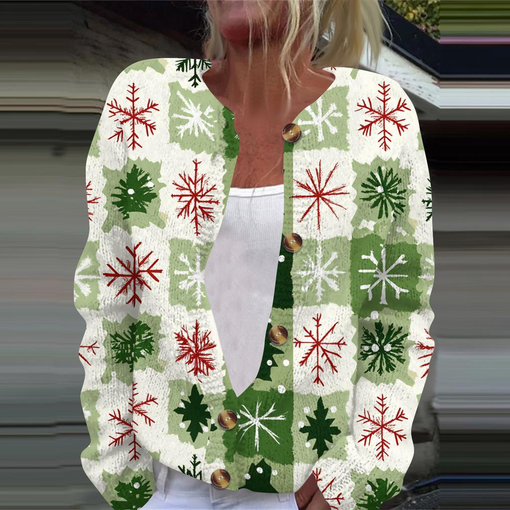 Women's Fashion Printed Long Sleeve Knitted Cardigan Button Down Jacket