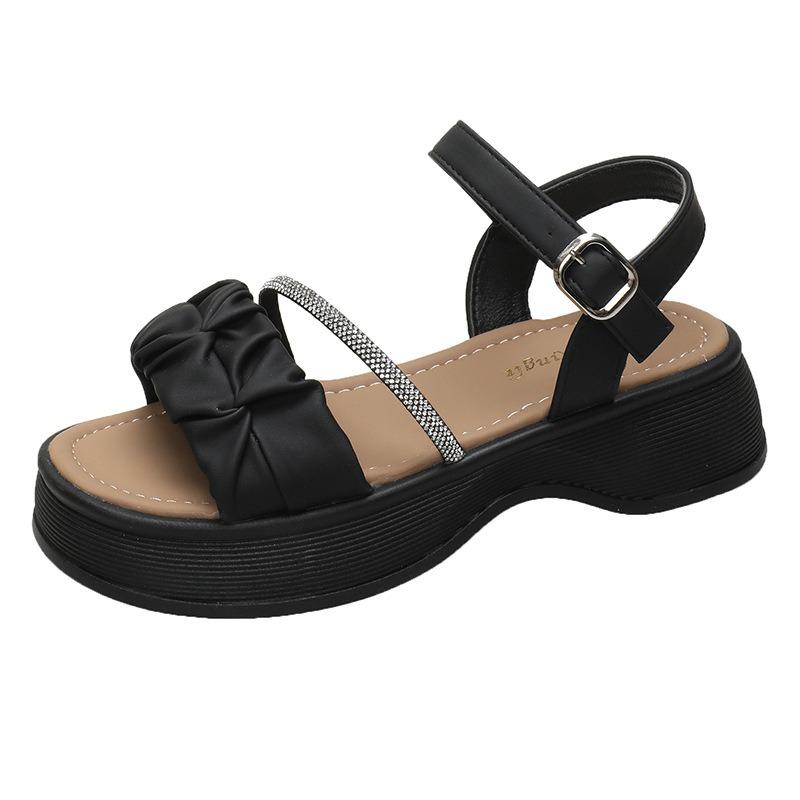 

Sandals women s new summer pleated rhinestones with skirts are not tired feet platform beach shoes 40 чёрный