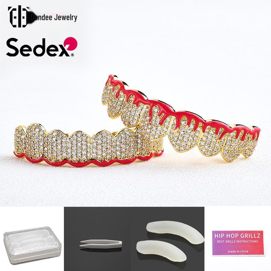 Grillz din Cupru Placat cu Aur Real de 14K și Zirconiu – Halloween Hip Hop Exagerat Rap Bijuterii pentru Dinți cu Diamante