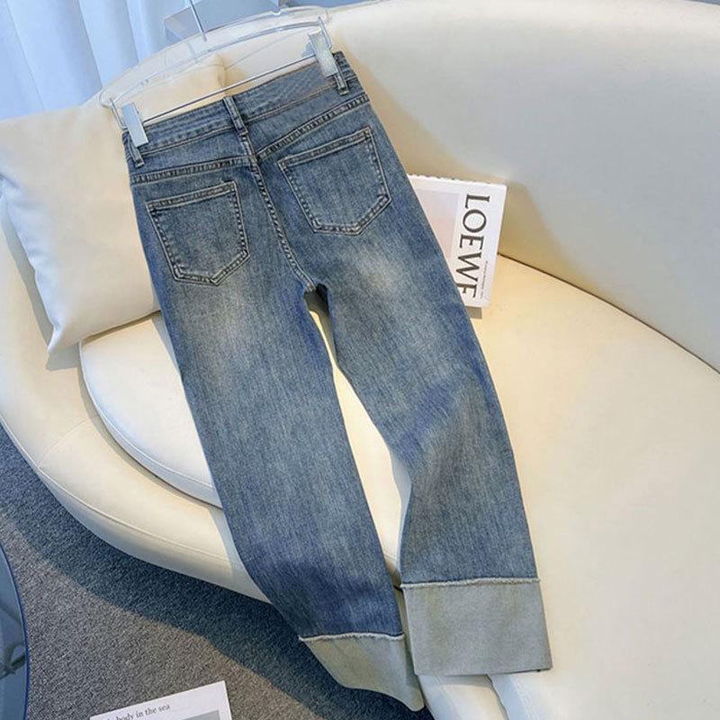 Damen Retro Kontrastnaht Gerade Jeans - Sommer Stretch Schlanke Zigarettenhose