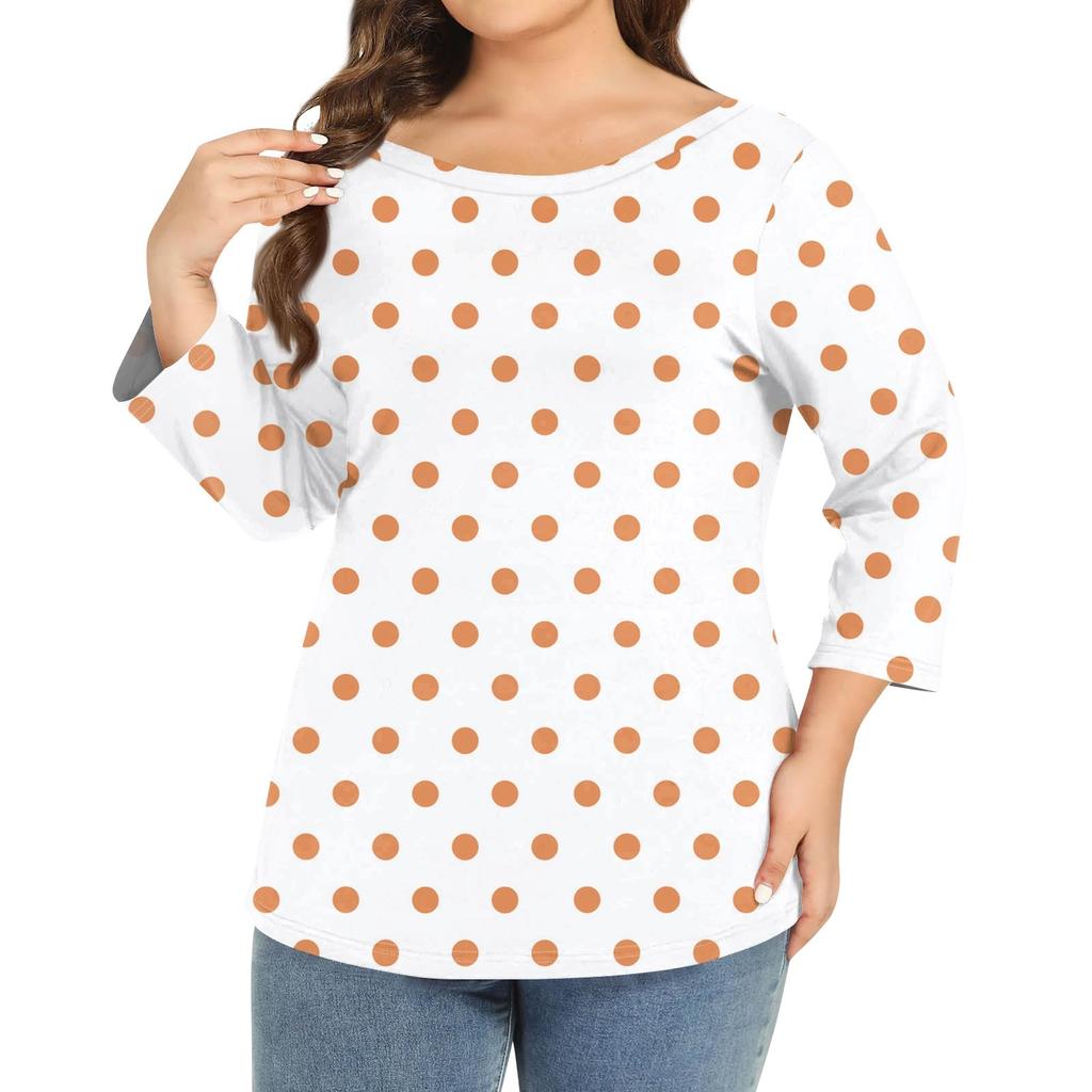Women's Plus-size Model O-neck 3/4 Sleeve Solid Color Top