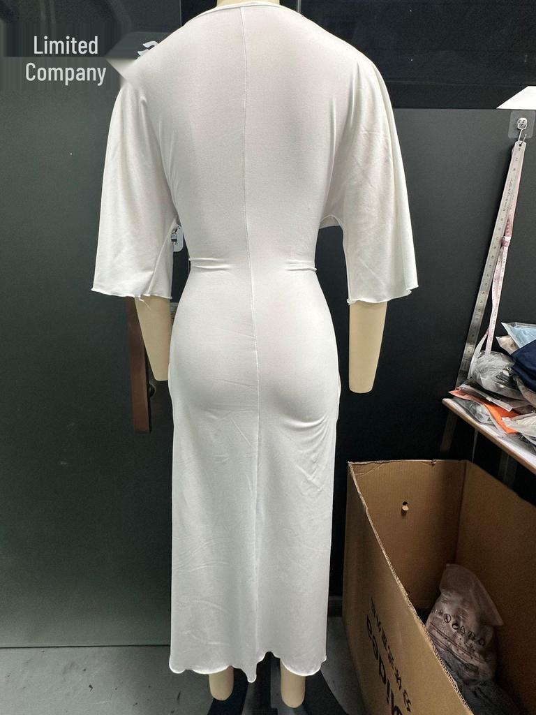2026 European Summer Women's Batwing Sleeve V-neck French Knot Slit Dress