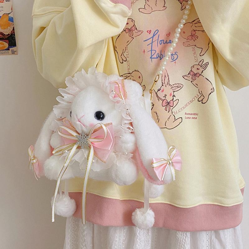 New Cute Bunny Plush Bag Lolita Element Shoulder Bag Kawaii Princess Sweet Pearl Chain Crossbody Bags Long-Eared Rabbit Purse