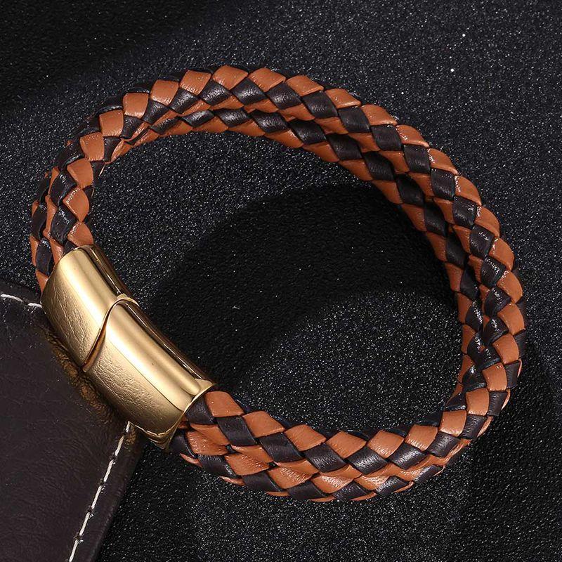 Vintage Stainless Steel Metal Clasp Men Jewelry Two Layers Genuine Leather Bracelet Brown Charms Wristband