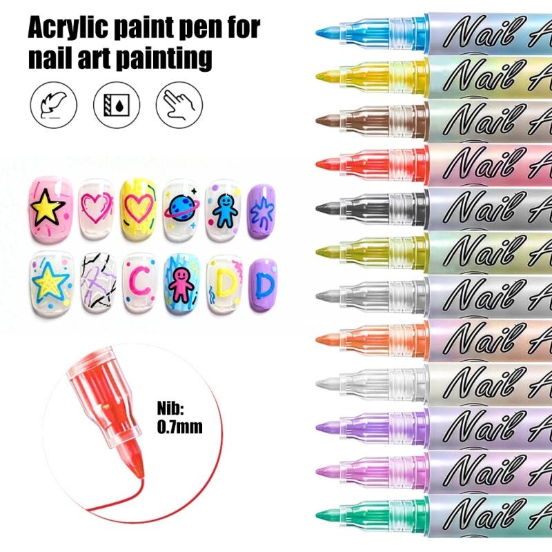 12 Color Quick Dry Nail Art Pens Fine Tip for Precise Drawing Not Require Lamp Water Based Safe for DIY Manicures