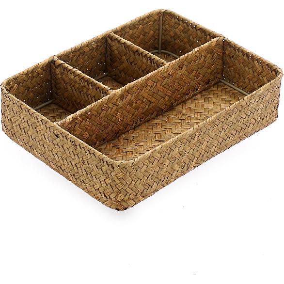 BTSKY Desk Drawer Organizer Tray, Coffee Station Organizer Tea Bag Organizer, Woven Seagrass Storage Basket with 4 Divided Sections Handwoven Wicker