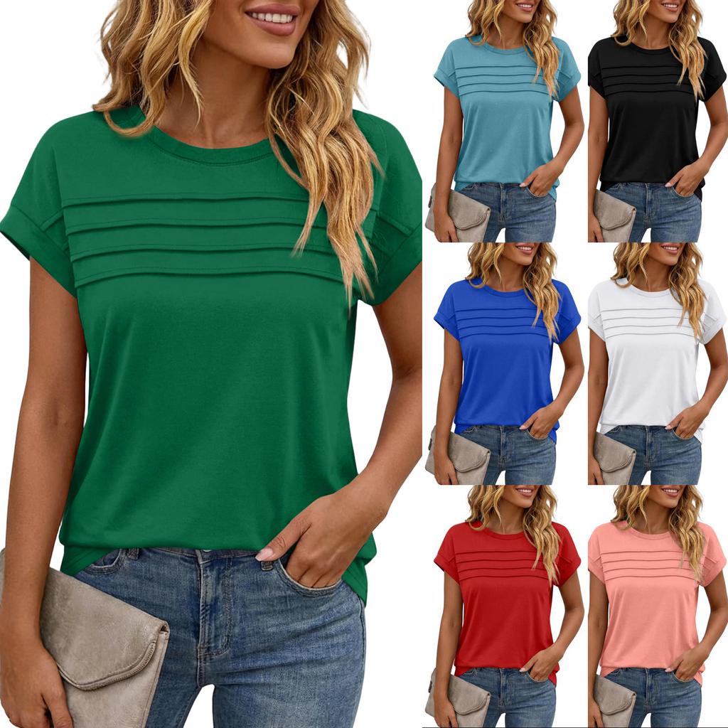 Women's Casual Top Monochrome Pleated Top Round Neck Short Sleeved Shirt