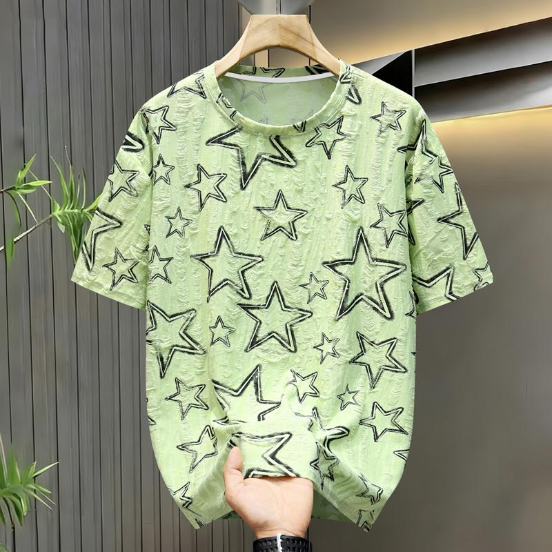 Men's Plus Size Star Print Textured T-Shirt, Casual Loose Short Sleeve Tee (5XL-11XL)