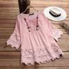 Women Plus Size Loose Shirt Half Sleeve Lace Flower Embroidery