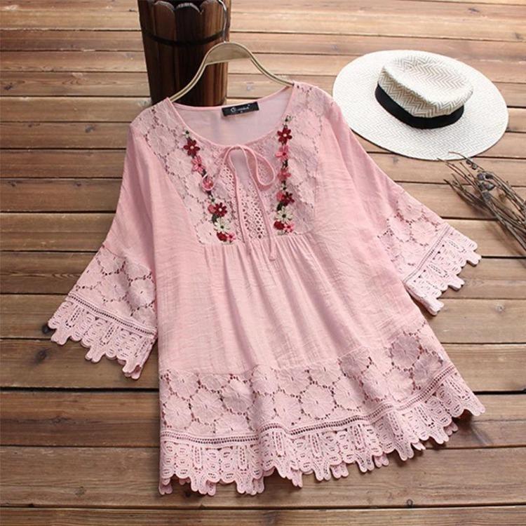 Women Plus Size Loose Shirt Half Sleeve Lace Flower Embroidery