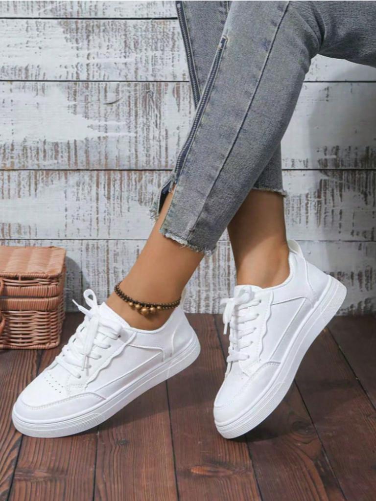 Women's/Men's All White Casual Sneakers, Breathable Lace-Up Platform Shoes, Fashion Daily Walking Sneakers for All Seasons
