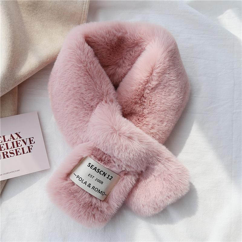 Soft Furry Scarf Korean Style Label Japanese Autumn and Winter Ins Plush Girl Scarf Imitation Rex Rabbit Fur Thickened Cross