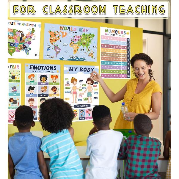 Rovytix 16 Educational Posters for Preschool & Kindergarten, Laminated Classroom Charts for ABC Alphabet, Numbers, Shapes, Days of the Week, Weather,