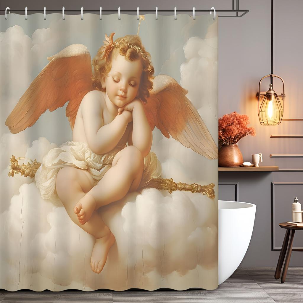 1Pc Shower Curtain - Serene Angel With Golden Wings Sleeping On Clouds Design Waterproof
