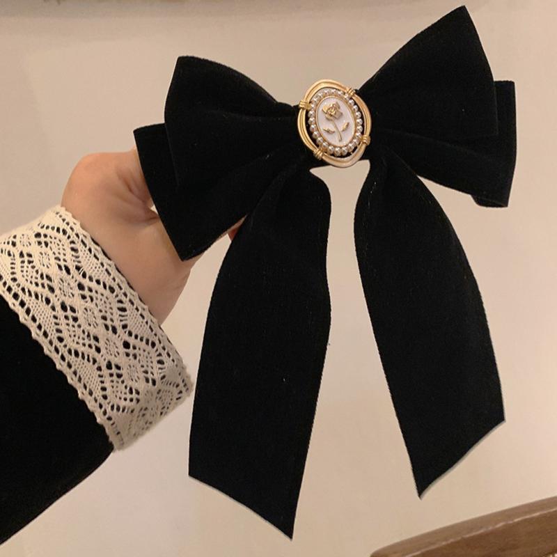 New Black Velvet Bow Hair Pins Elegant Fabric Alloy Roses Hair Clips For Women Fashion Ponytail Barrette Heawear Accessories