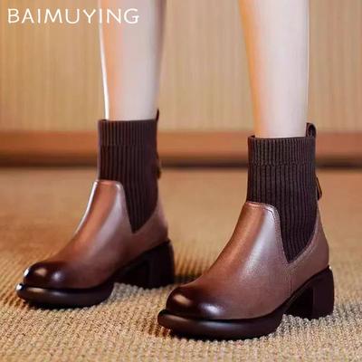Winter Leder Damen Schnee Stiefeletten Retro Mittelhoch Designer Chelsea Boots 2024 Trend Klassische Klobige Schuhe Goth Botas De Mujer