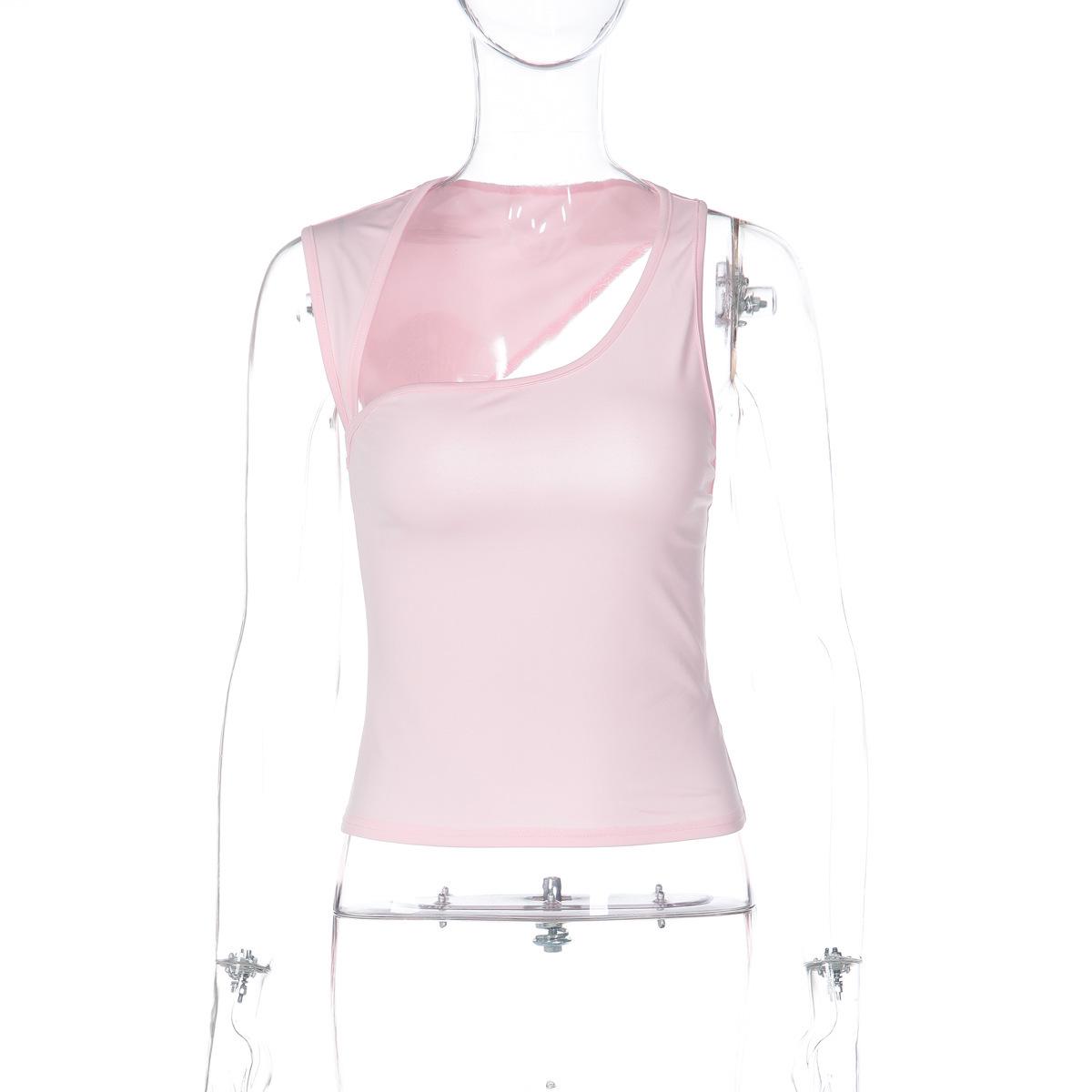 2026 Summer Fashion: Slim Fit Solid Color Irregular Neckline Tank Top for Women Small розовый