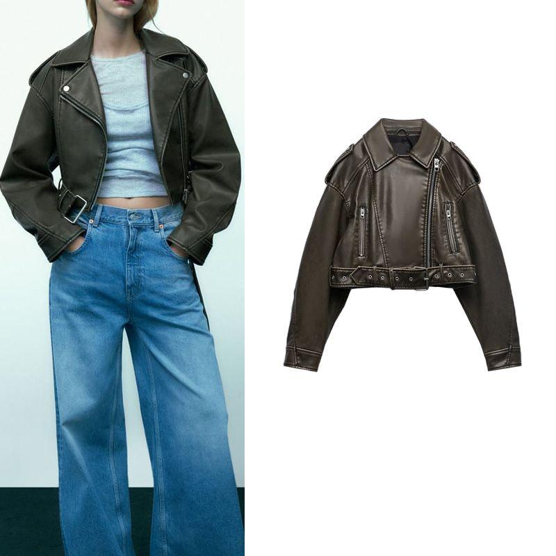 Spring & Fall New Arrival Motorcycle Leather Coat Fashion Lapel Loose Short Poly Urethane Leather Jacket Outwear 4341826