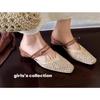 Summer New Women Slip On Mules Shoes Fashion Cane Weave Ladies Sandal Shoes Square Low Heel Outdoor Casual Slipper