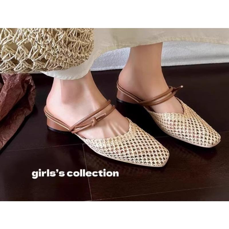 Summer New Women Slip On Mules Shoes Fashion Cane Weave Ladies Sandal Shoes Square Low Heel Outdoor Casual Slipper