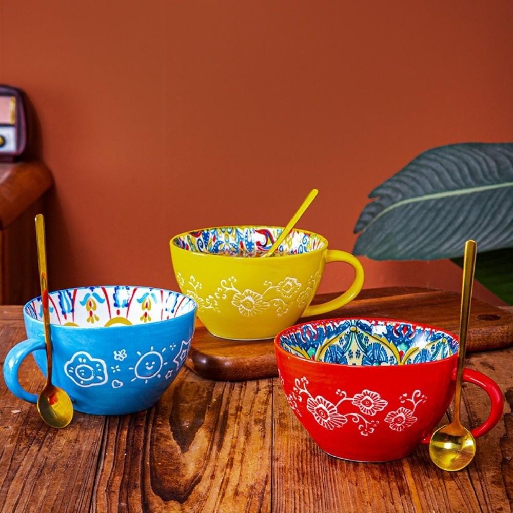 15oz Capacity Boho Ceramic Cup Hand Painted Heat Resistant Ethnic Style Ceramic Mug Microwave Safe Ceramic Milk Coffee Mug