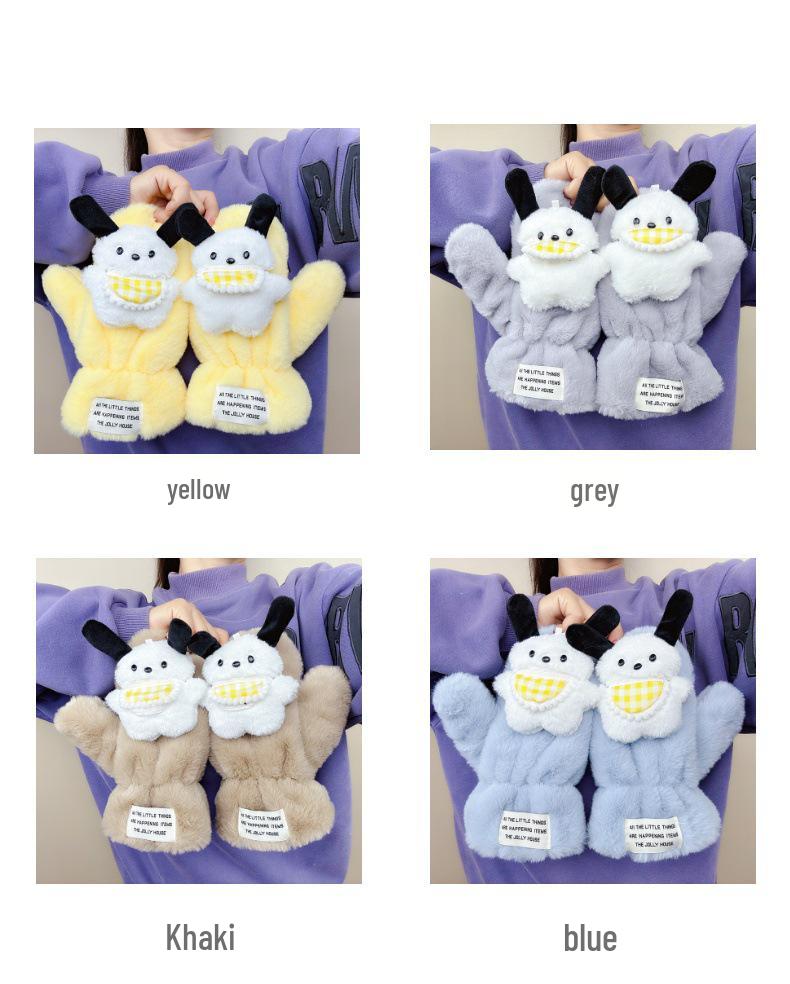 Women’s Cute Pacha Dog Winter Plush Gloves, Warm Velvet, Anti-Cold Outdoor Style for Students.