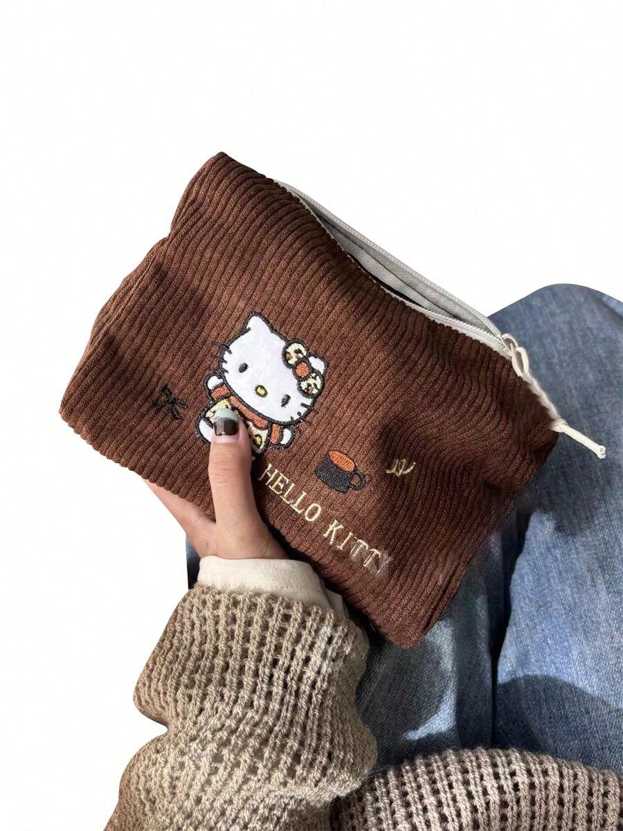 Hello Kitty Embroidered Handheld Corduroy Makeup Bag,Large Capacity Storage Makeup Bag,Sanrio Handheld Bag,No Pendant Included L