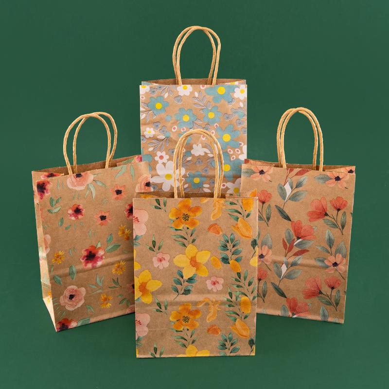 StoBag, Spring Floral Kraft Paper Gift Bags, for Birthday, Party Supplies, Eco-Friendly Paper, Children's Package, 12/30pcs