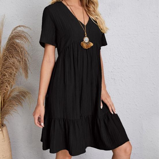 Women Summer Dress V Neck Short Sleeves Pleated Loose Hem Patchwork Dress-up Pullover A-line Summer Mini Dress Female Garment