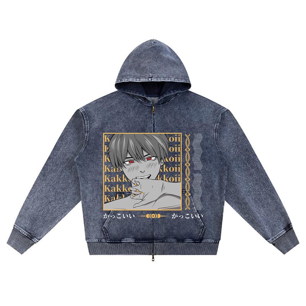 

DTG print Knitted Denim Zip-Up Hoodie anime streetwear 37 Brother Print Zipper Hoodies XL темно-синий