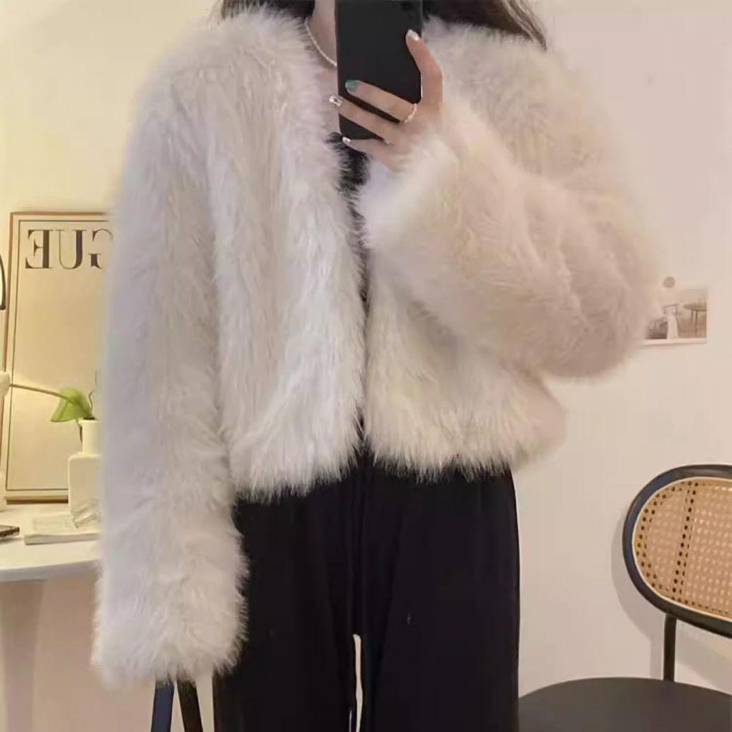 

Зимнее классическое темпераментное женское плюшевое короткое пальто с чистым V-образным вырезом, в повседневном стиле, женское пальто из лисьего меха XL