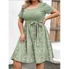 Damen Modisches Und Trendiges Rundhals Kurzarm Kleid Mit Taillenprint In Übergröße