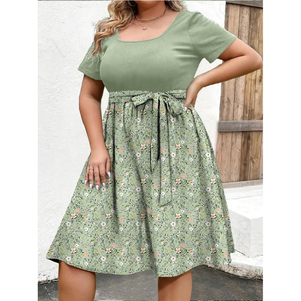 Damen Modisches Und Trendiges Rundhals Kurzarm Kleid Mit Taillenprint In Übergröße