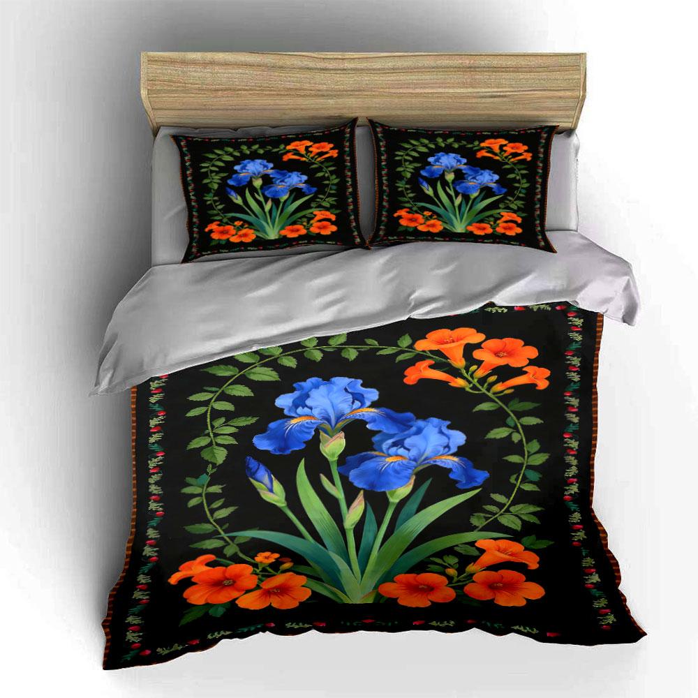 Blaue Iris, orange Blumen. Bettwäsche-Sets Bettbezug-Sets Bettbezüge Kissenbezüge(1 * Bettbezug 2 * Kissenbezüge ohne Bettdecke)