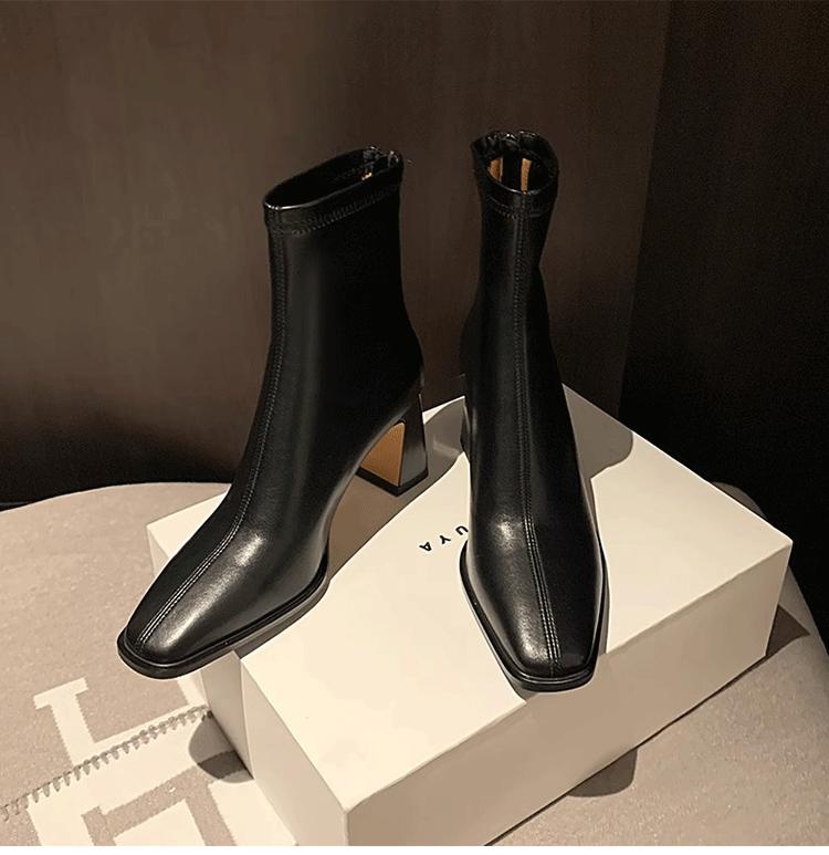 

Коричневые короткие сапоги женские на высоком каблуке с толстой пяткой и молнией сзади, квадратная головка, новинка 2025 года, зимние, корейская версия, эластичные тонкие сапоги 35 чёрный