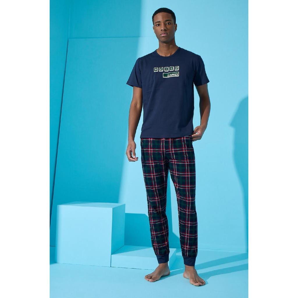 Marineblaues „Hello Summer“-Pyjama-Set mit kurzen Ärmeln und Aufdruck für Herren