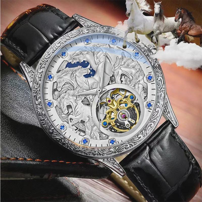 Men Fashion Design Horse Watches Leather Strap Automatic Mechanical Watches Men Luxury Tourbillon Wristwatches