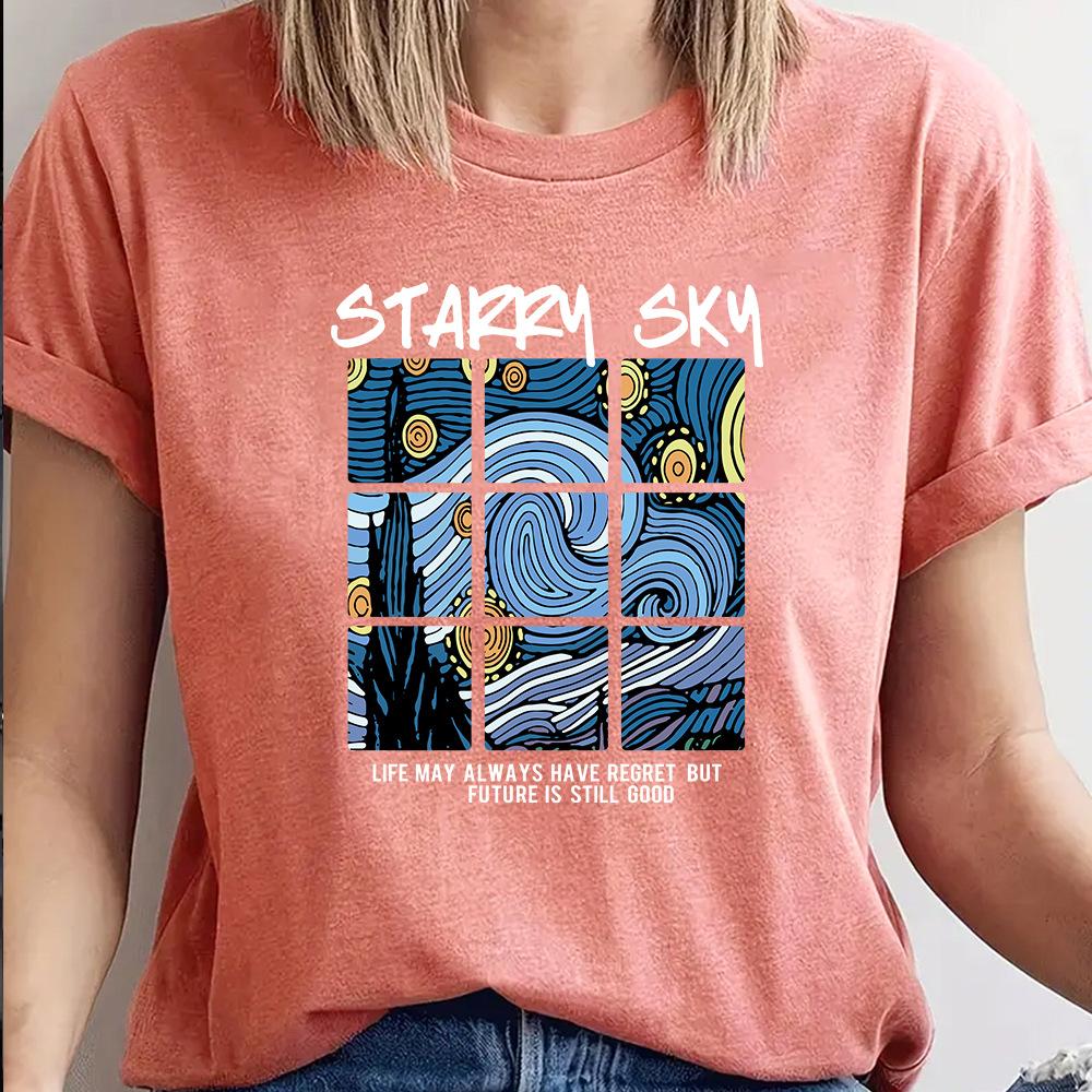 Bawełniany T-shirt Krótki Rękaw Okrągły Dekolt Damski Nadruk 2D Top