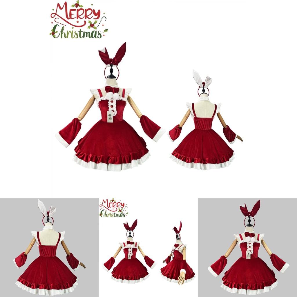 5xl Women Xmas Cosplay Costume Bow Lolita Sexy Maid Outfit Santa Wine Red